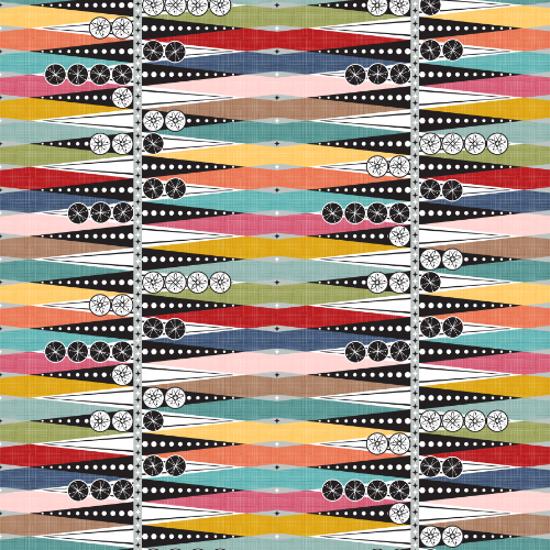 A pattern design of a backgammon game-board done with atomic age symbols and colors.