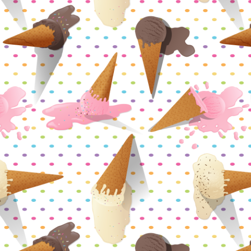 A pattern of pastel rainbow polka dots with pictures of dropped ice cream cones in three flavors of chocolate, vanilla and strawberry.