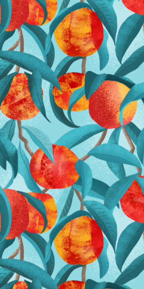 A pattern of nectarine fruit and leaves, the background and leaves are in a teal color.