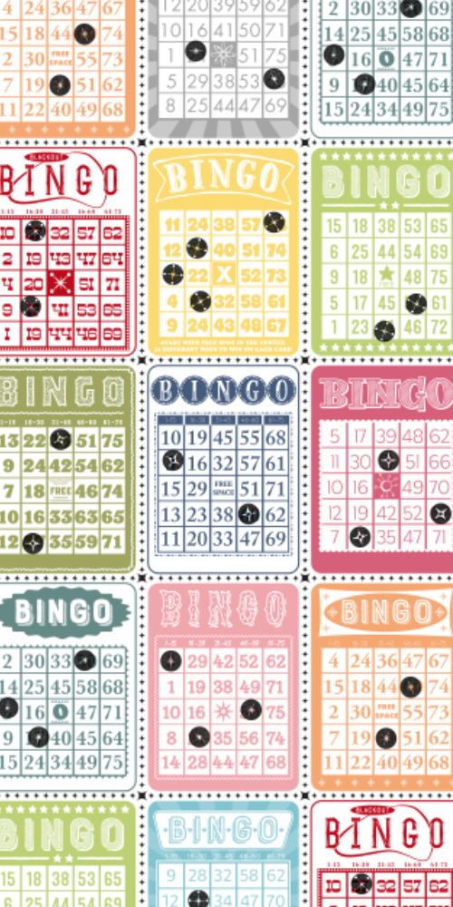 A pattern of vintage styled bingo cards in colorful pastel colors and ink stamps like you in the middle of a game.