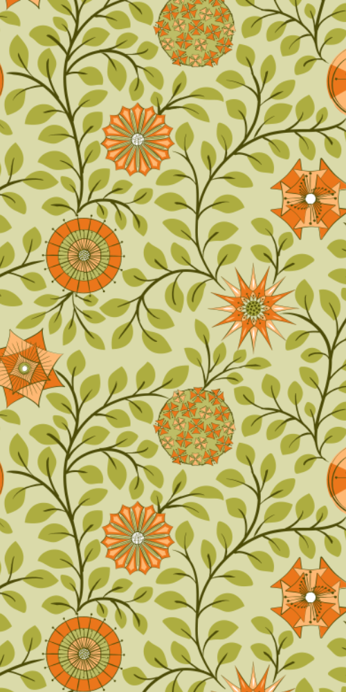 A pattern of orange midcentury styled flowers and green leaves in a wavey vine pattern.