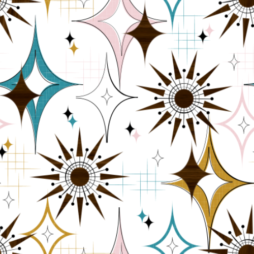 A pattern of dimonds and wooden stars in diagnal pattern in pink, teal and yellow.