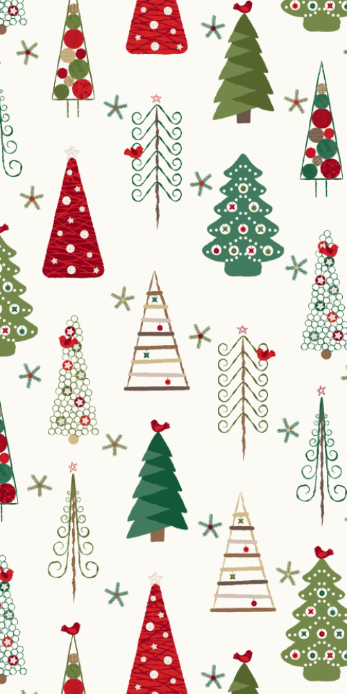 A pattern of Christmas trees in a Scandinavian minimal style in classic red and green colors.