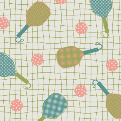 A net gride pattern with pickleballs and pickleball paddles in retro colors