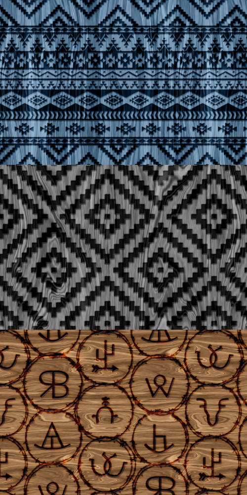 Three patterns of wood grain with wood burnt patterns in western styles